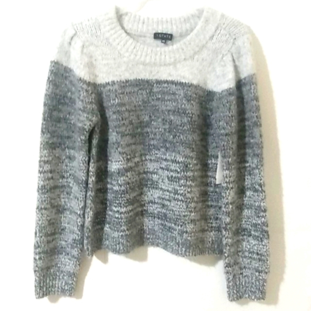 1. STATE CREW NECK GRAY COLOR-BLOCK WOOL BLEND WOVEN SWEATER SIZE XS NWT